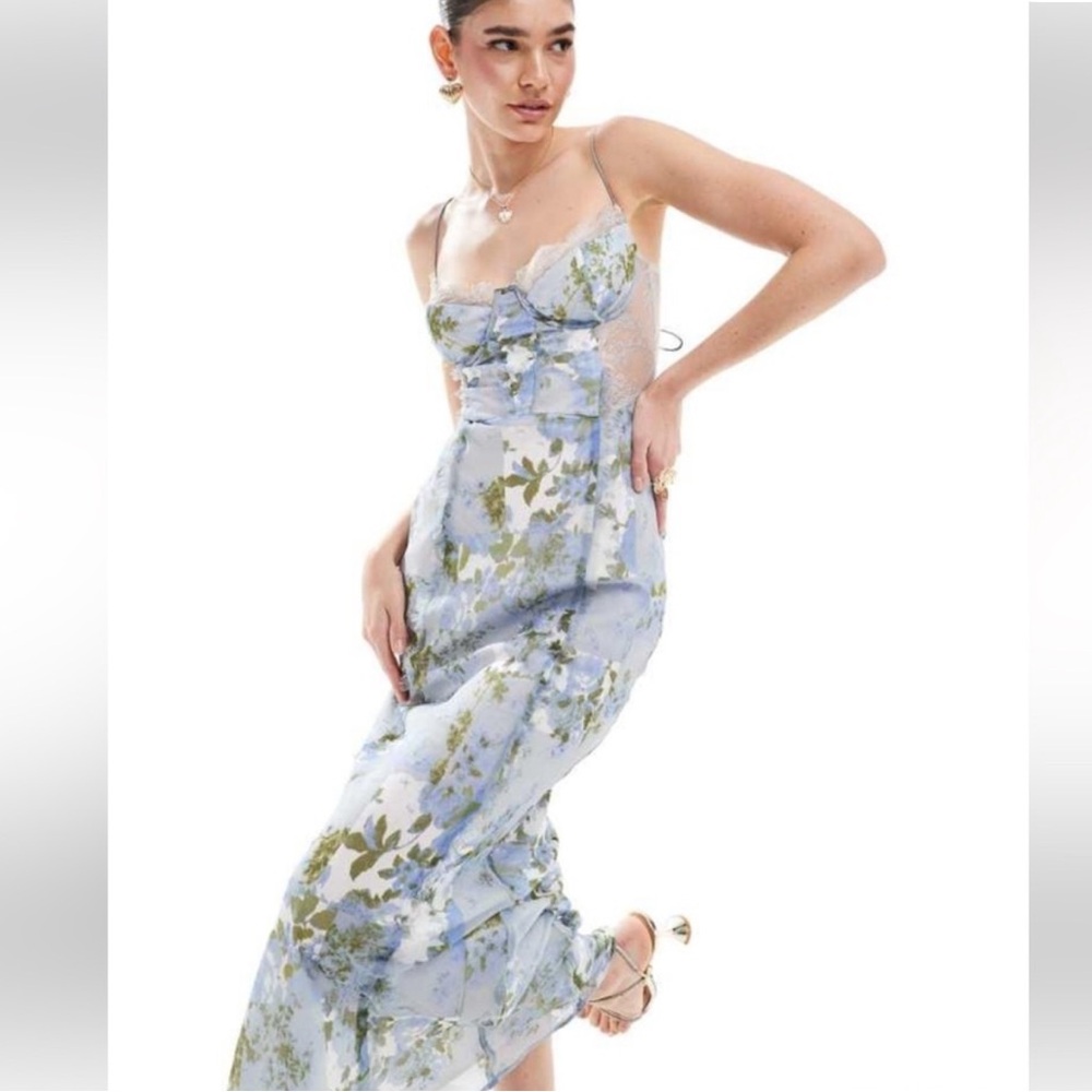 ASOS Light Blue Floral Corset Midi Dress